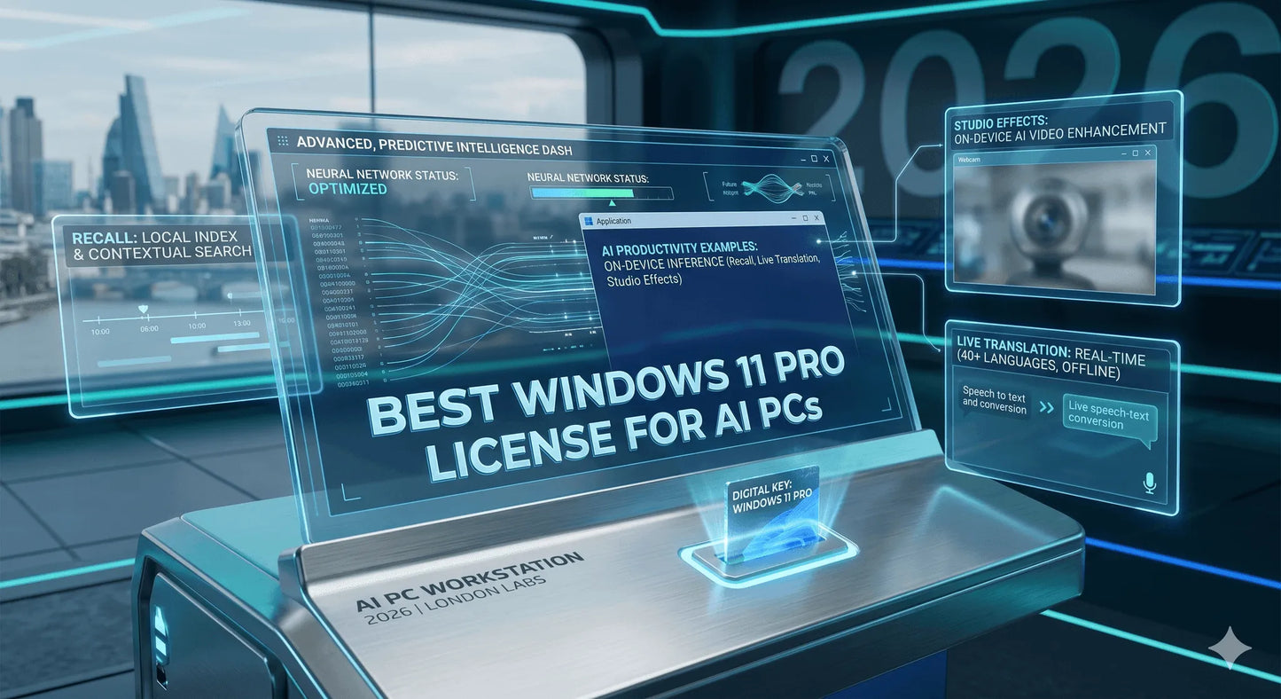 A futuristic digital render of a desktop workstation with holographic display panels advertising a Windows 11 Pro license for AI PCs. The setup includes a metallic desk, a central monitor showing interface graphics, and floating panels with tech text and a webcam inset, all in a blue cyberpunk design.
