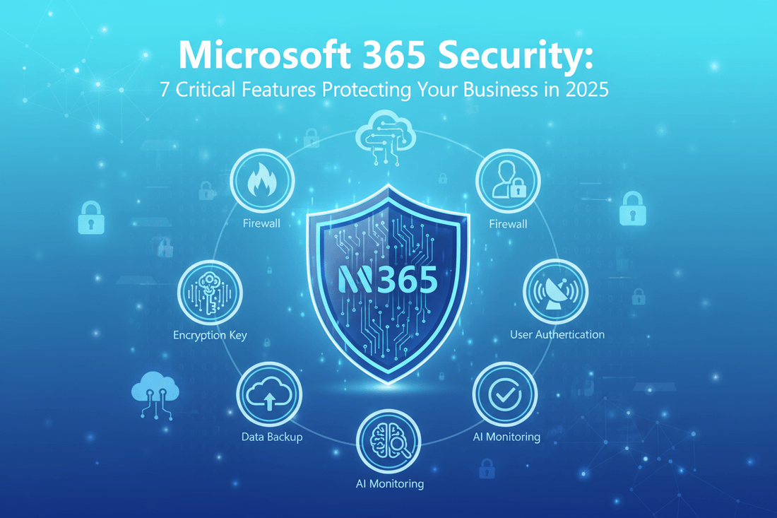 Microsoft 365 security dashboard with shield protection, cloud security icons, cybersecurity analytics, email protection, identity management, and modern business technology environment
