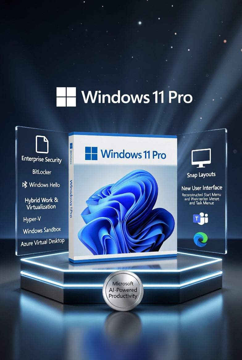 Promotional render of Windows 11 Pro software packaging on a glowing display stand, with the Windows logo and text at the top and feature callouts on transparent side panels.
