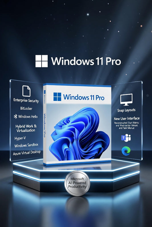 Promotional render of Windows 11 Pro software packaging on a glowing display stand, with the Windows logo and text at the top and feature callouts on transparent side panels.