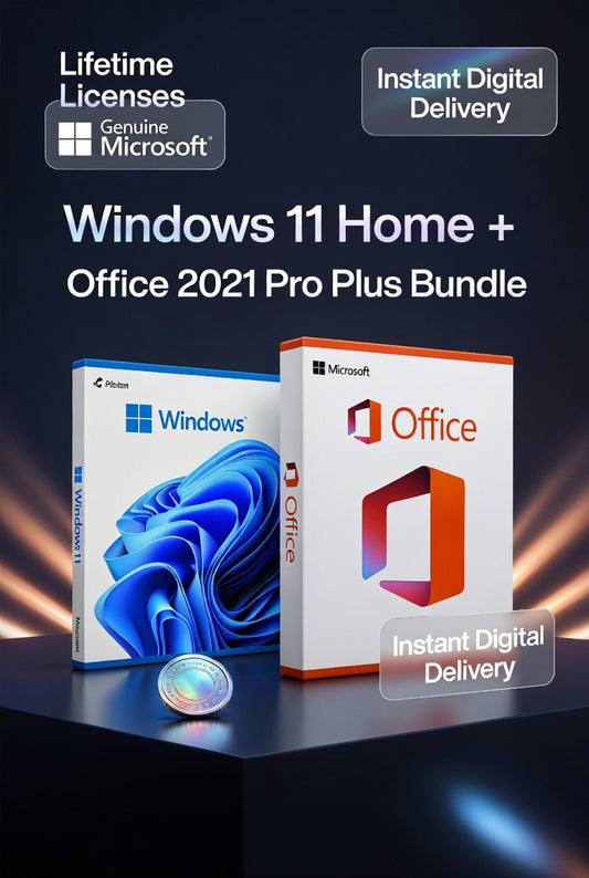 Promotional graphic for a Windows 11 Home + Office 2021 Pro Plus Bundle, showing two software box mockups on a dark blue background with text badges for lifetime licenses, instant digital delivery, and Microsoft and Office branding.