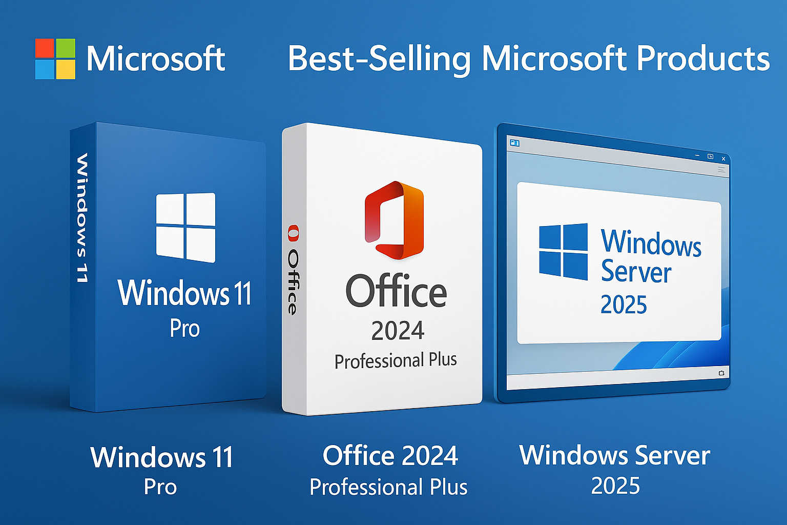 make new banner iclude best selling microsoft products like windows 11 pro office 2024 pro plus window server 2025 official images microsoft not from my site 