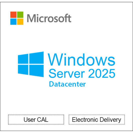 Microsoft Windows Server 2025 Datacenter logo with User CAL and Electronic Delivery options