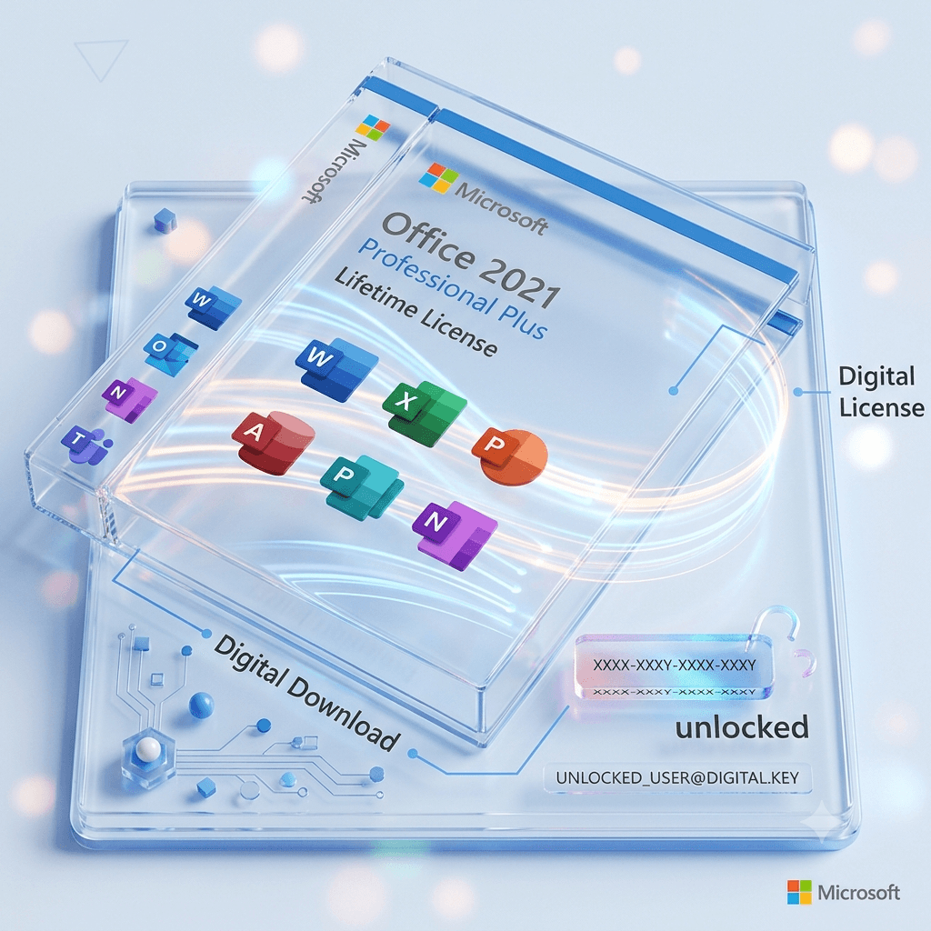 Microsoft Office 2021 Professional lifetime license shown in a digital format with icons and unlock information