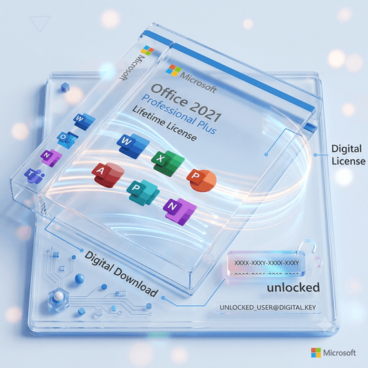Microsoft Office 2021 Professional lifetime license shown in a digital format with icons and unlock information