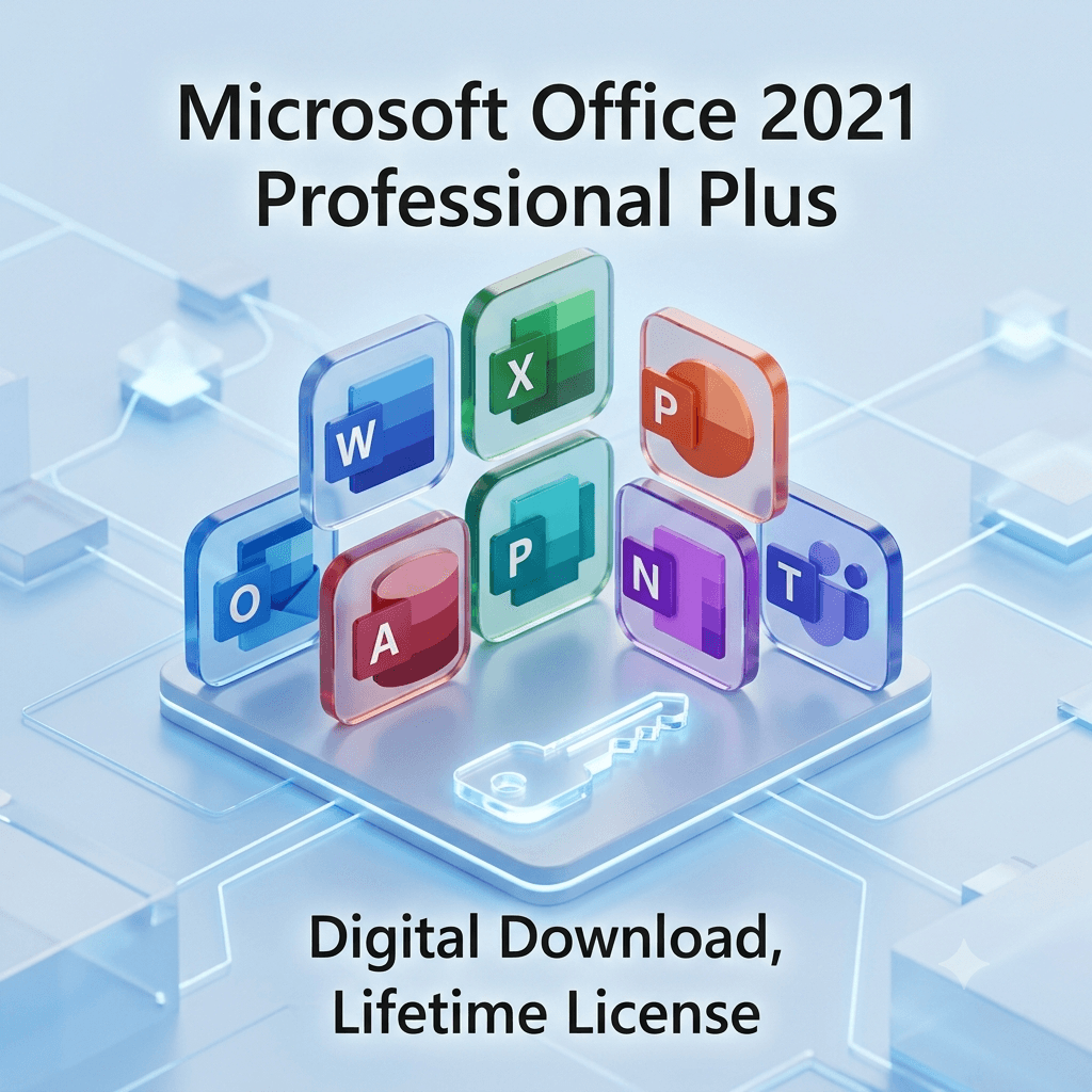 Microsoft Office 2021 Professional lifetime license with app icons and key for digital download