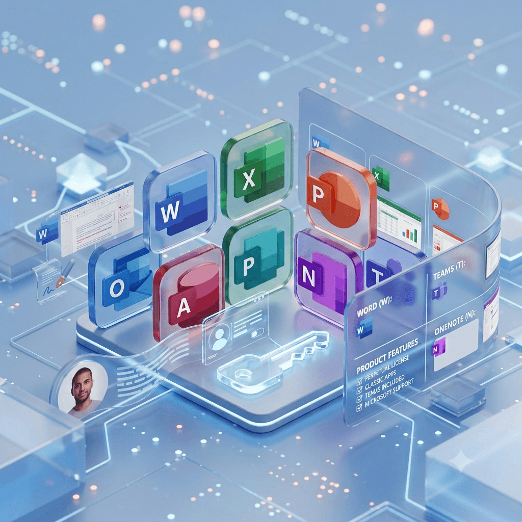Microsoft Office 2021 Professional lifetime license featuring app icons and key features in a digital interface