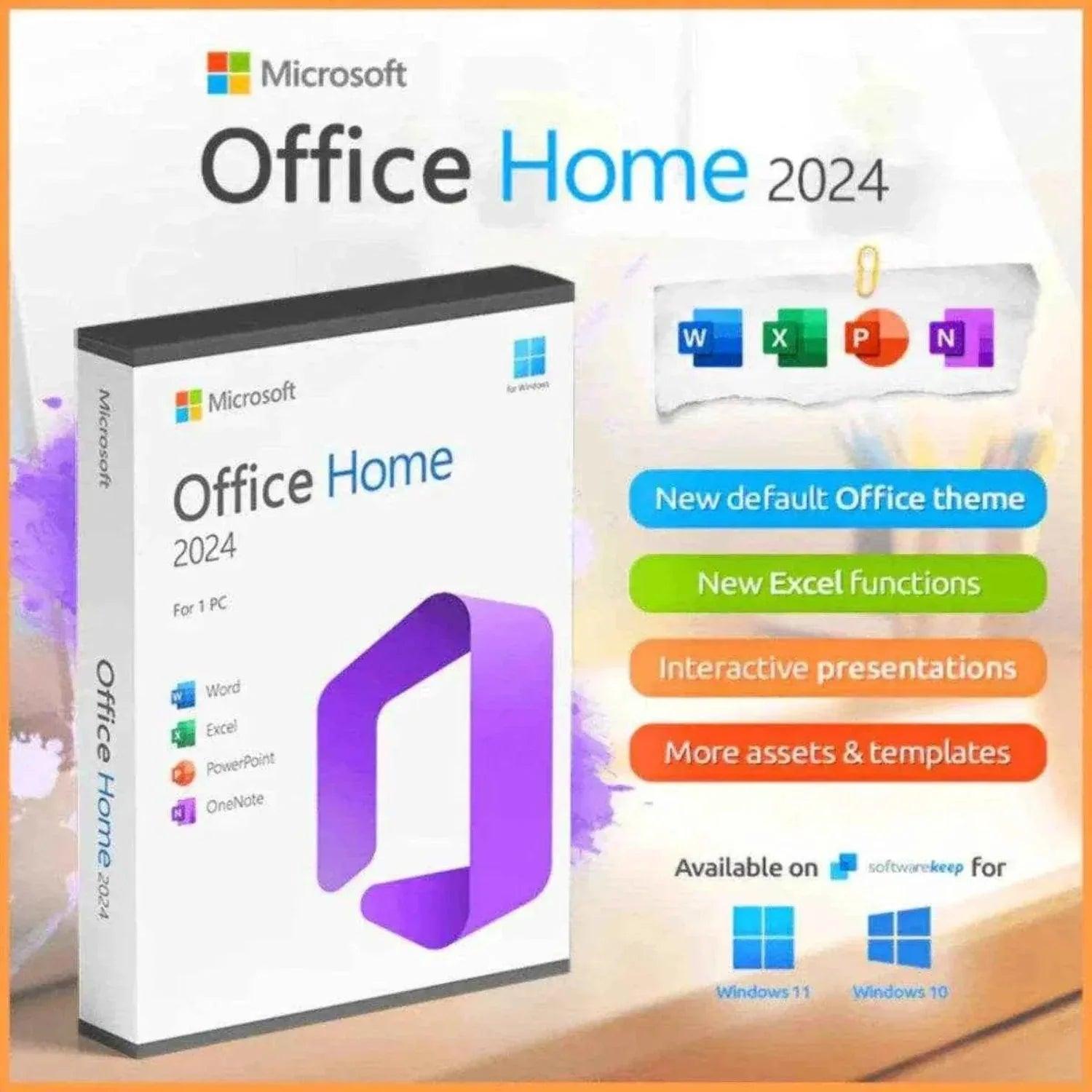 Microsoft Office 2024 Home download for 1 PC featuring Word, Excel, PowerPoint, and OneNote