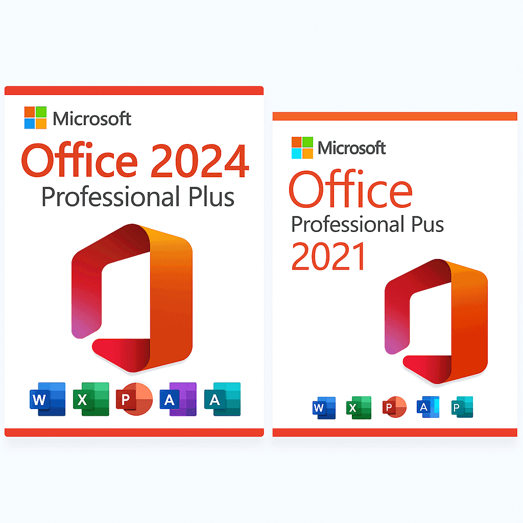 Microsoft Office 2024 Professional Plus license packaging next to Office 2021 edition