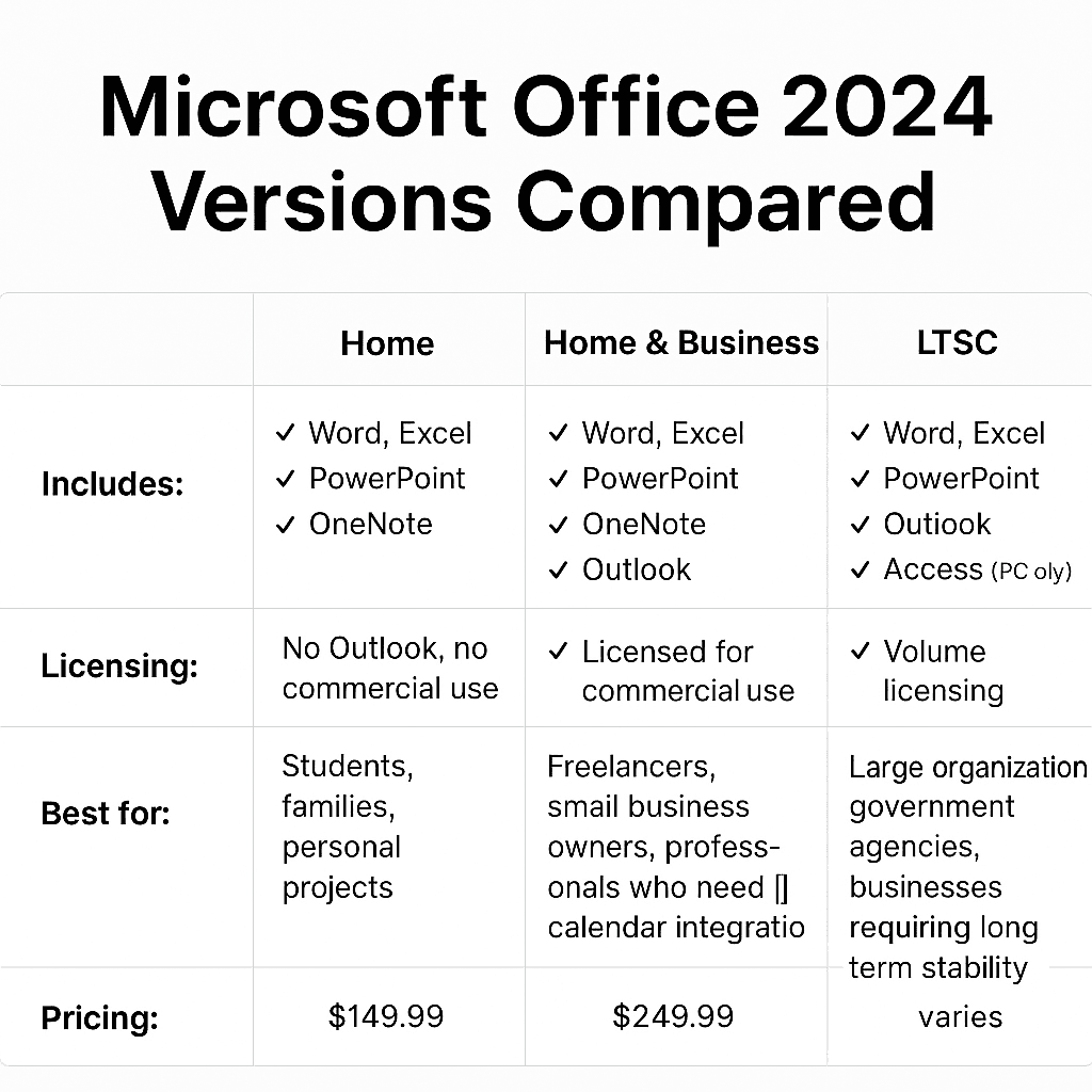 Comparison chart of Microsoft Office 2024 versions with licensing and best use details for each edition