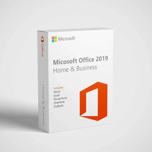 Microsoft Office Home and Business 2019 license box featuring Word, Excel, PowerPoint, OneNote, and Outlook