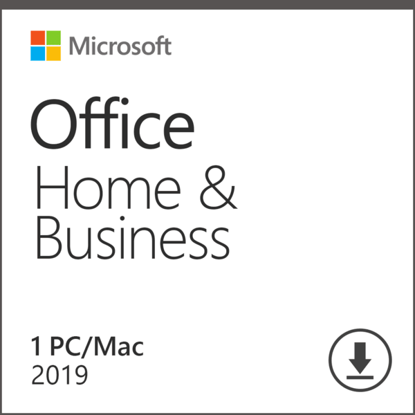 Microsoft Office Home and Business 2019 license for 1 PC or Mac featuring downloadable software