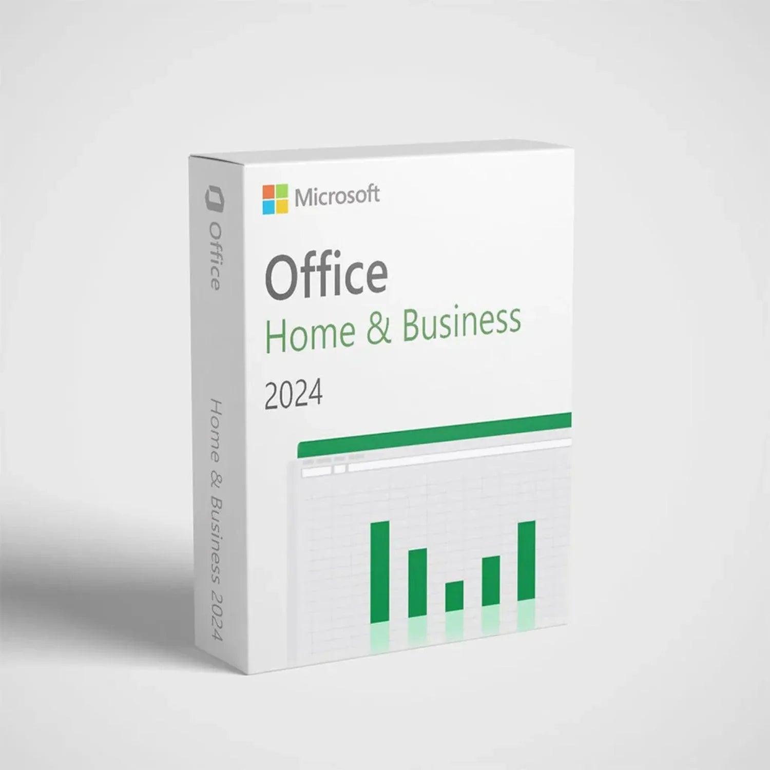 Microsoft Office Home and Business 2024 license box featuring a spreadsheet graphic