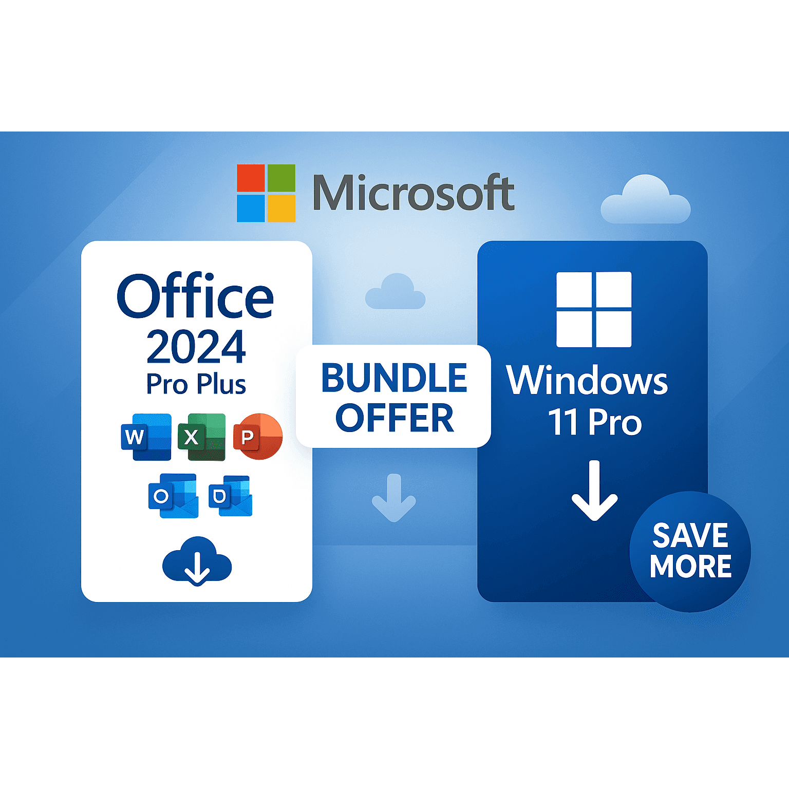 Windows 11 Pro and Office 2024 bundle promotional graphic showing software features and saving offers