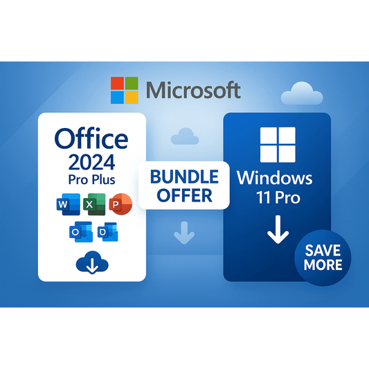 Windows 11 Pro and Office 2024 bundle promotional graphic showing software features and saving offers