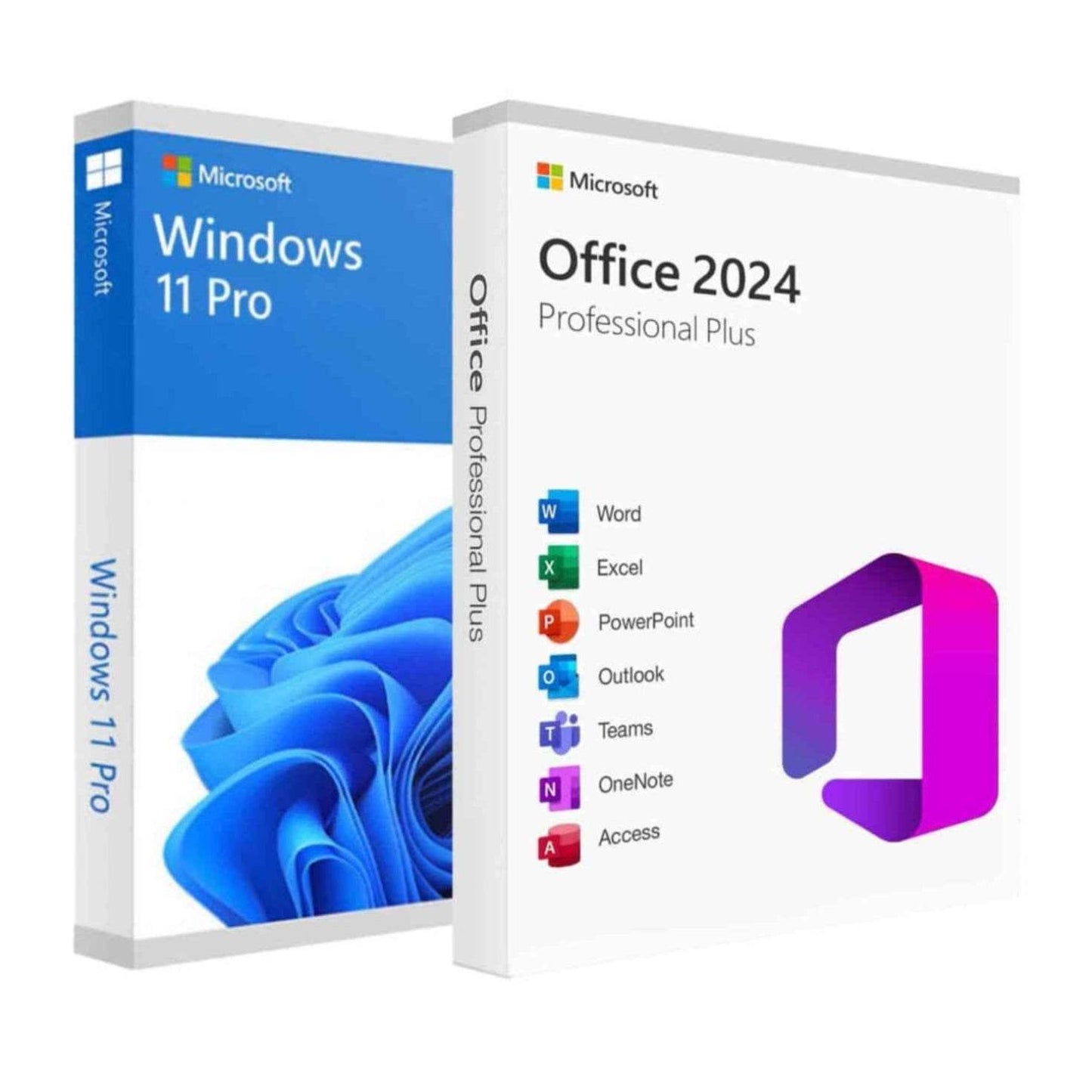 Microsoft Windows 11 Pro and Office 2024 bundle Software Boxes showcasing features for professionals
