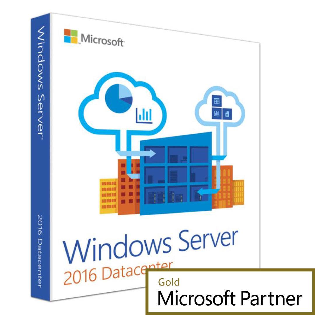 Microsoft Windows Server 2016 Datacenter 16 core license box featuring cloud and data visuals