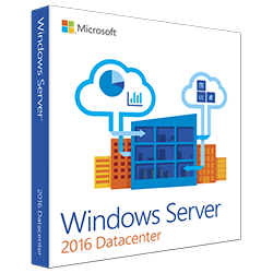 Microsoft Windows Server 2016 Datacenter license box featuring cloud and data analysis graphics