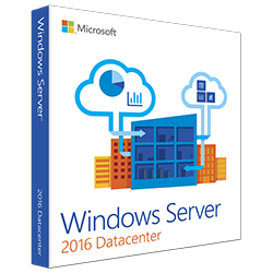 Microsoft Windows Server 2016 Datacenter license box design featuring cloud and analytics graphics