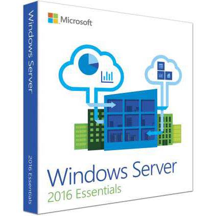 Microsoft Windows Server 2016 Essentials license box with cloud storage and data icons