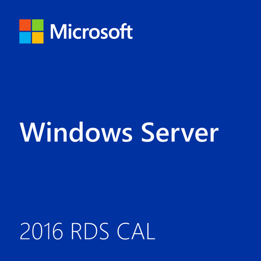 Microsoft Windows Server 2016 Remote Desktop 20 User CAL software packaging with vibrant blue background