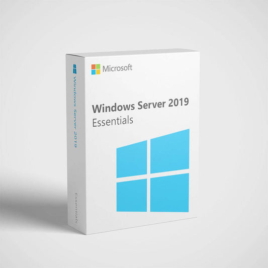 Microsoft Windows Server 2019 Essentials license box with a clean design and logo