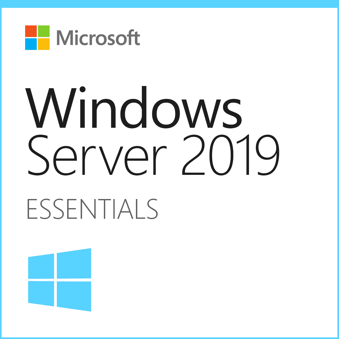 Microsoft Windows Server 2019 Essentials license packaging with logo and clear product details