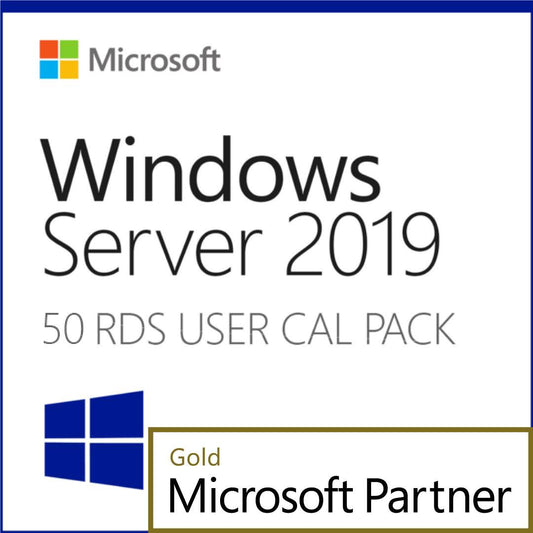 Microsoft Windows Server 2019 Remote Desktop 50 User CALs pack with official branding and partner logo
