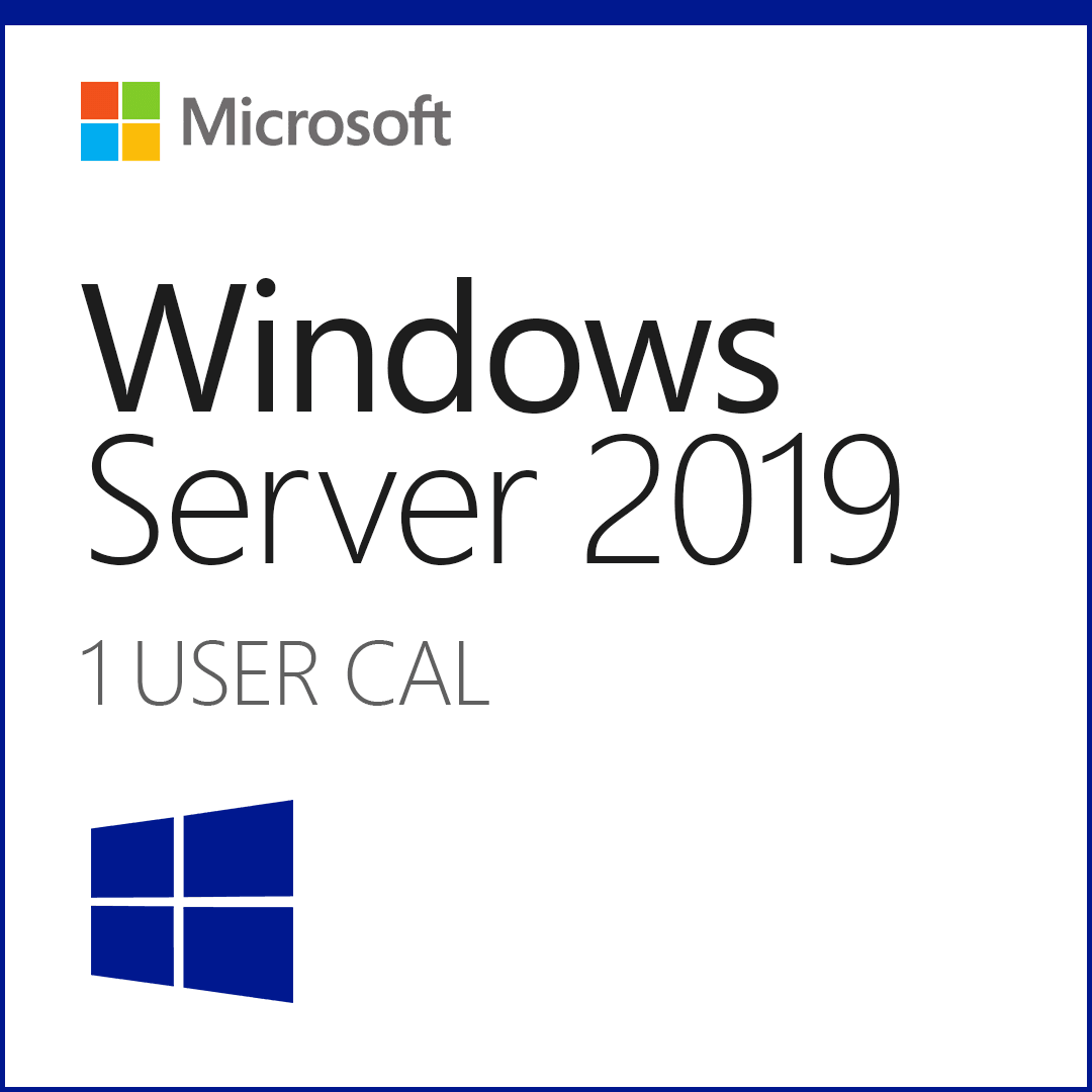 Microsoft Windows Server 2019 user CAL license box featuring the product logo and 1 user access information