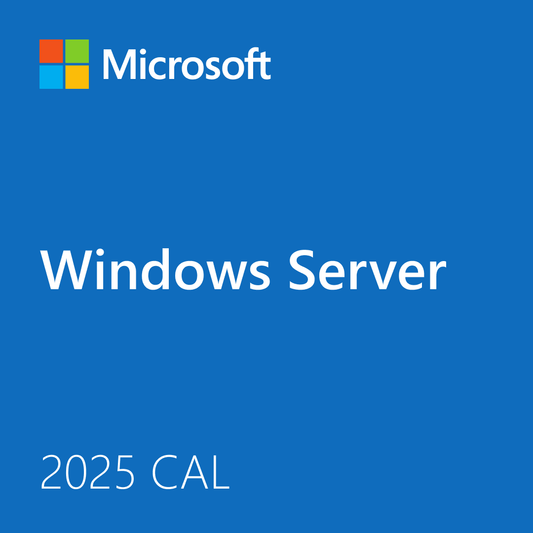 Microsoft Windows Server 2025 CAL license graphic featuring blue background with logo