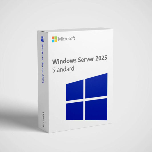 Microsoft Windows Server 2025 Standard license box featuring the Windows logo and clean design