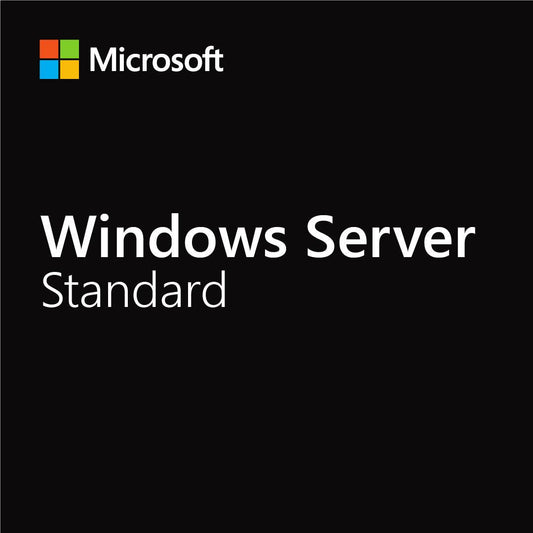 Microsoft Windows Server Standard 2 Core license box with logo and product title on a black background