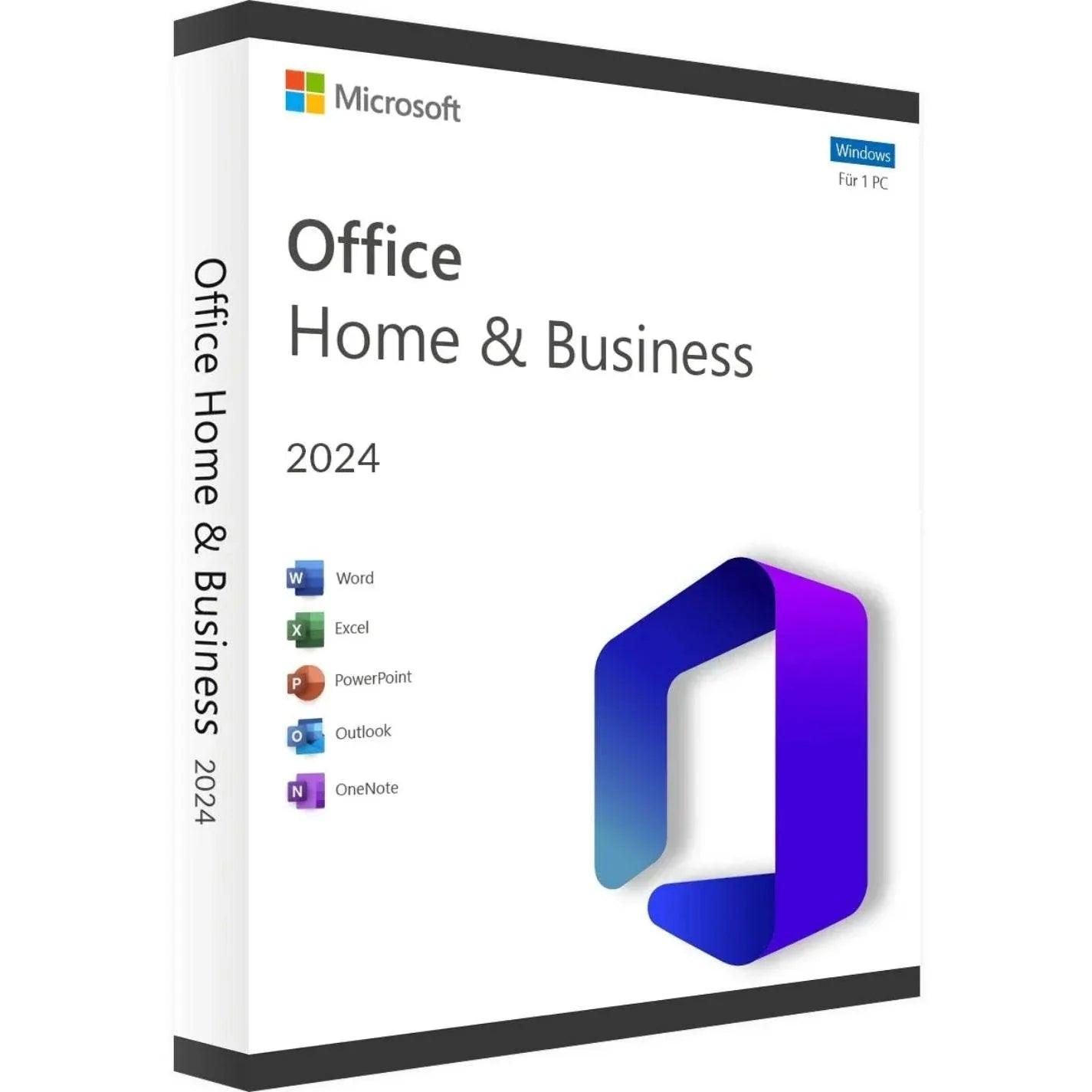 Microsoft Office Home & Business 2024 for PC featuring Word, Excel, PowerPoint, Outlook, and OneNote