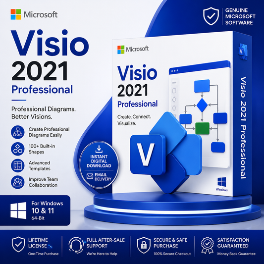 Microsoft Visio 2021 Professional software box art on a blue and white promotional background, with the Microsoft logo and product branding prominently visible.