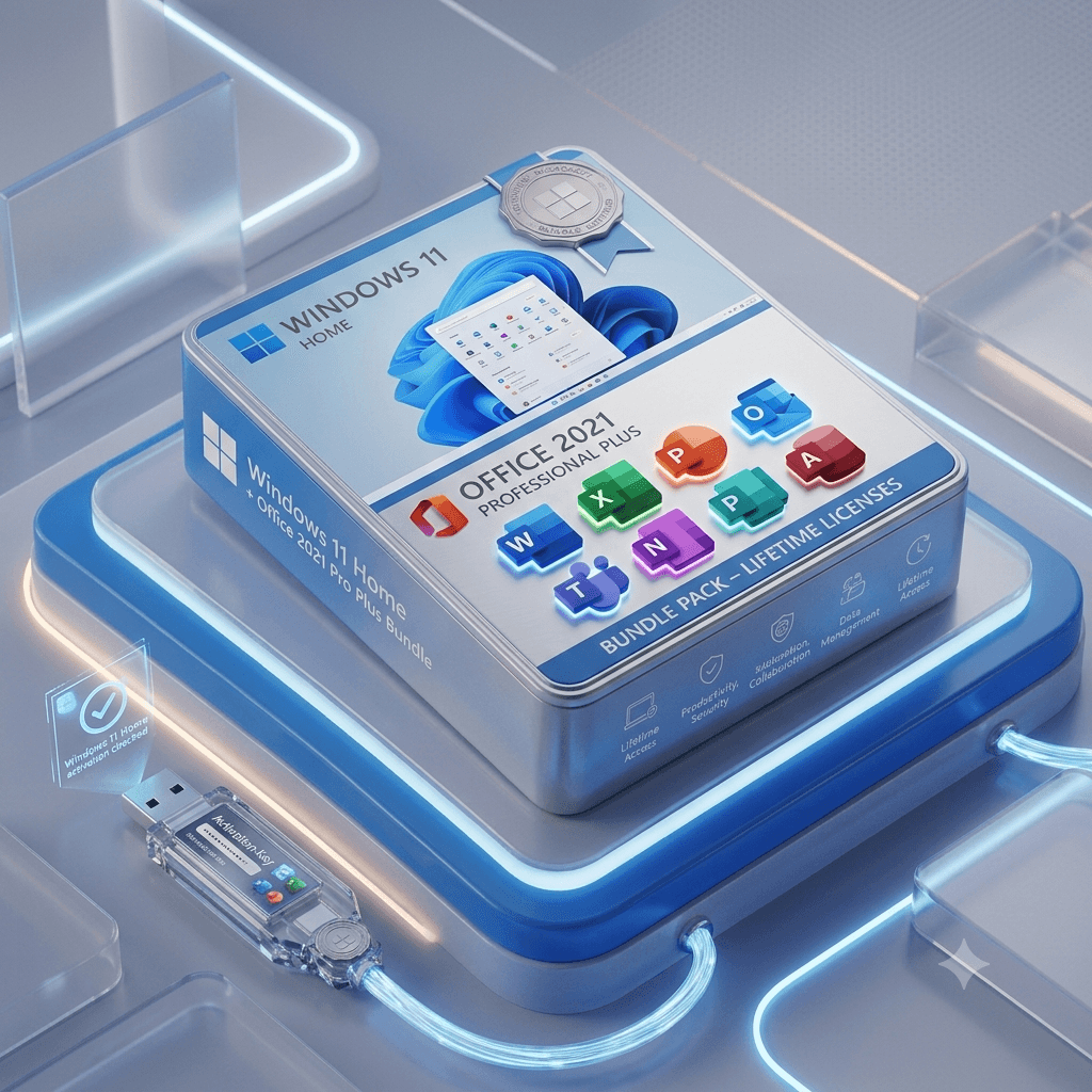 A stylized digital render of a Windows 11 Home and Office 2021 Professional Plus bundle pack, shown as a blue software box with colorful app icons and a USB drive on a glowing futuristic platform.