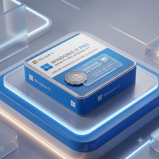 A boxed Windows 11 Pro Home & Pro Enterprise Key upgrade kit displayed on a glowing blue and gray pedestal. The box is blue and white with the Microsoft Windows 11 logo and a silver key icon on the front.