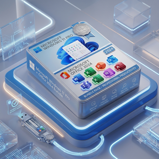 A stylized digital render of a Microsoft Windows 11 Pro and Microsoft Office 2024 bundle box on a glowing blue platform, surrounded by translucent interface blocks and a USB drive.