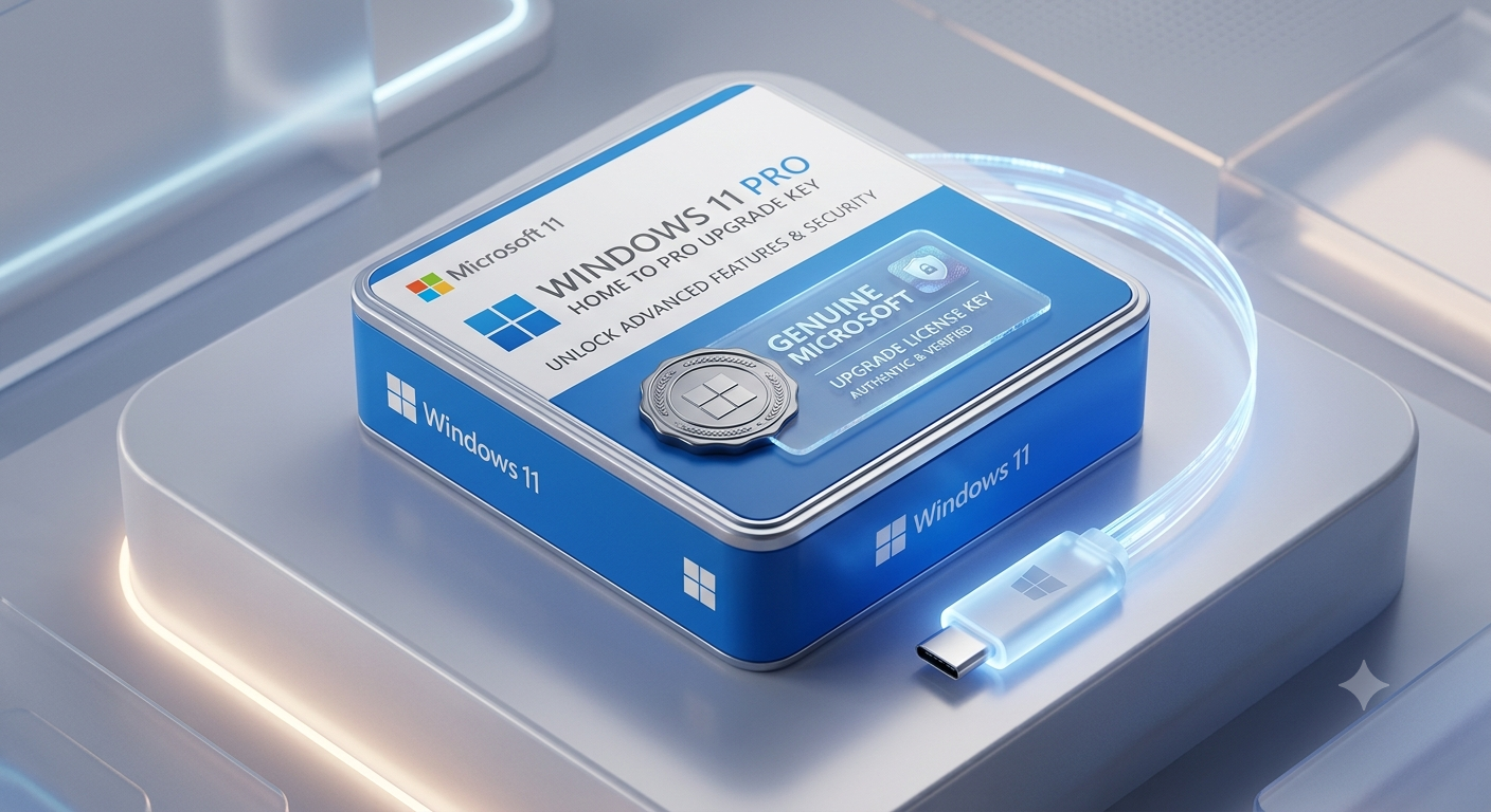A stylized digital render of a Windows 11 Pro software box in blue and white, with a glowing USB cable attached, placed on a futuristic light gray platform.