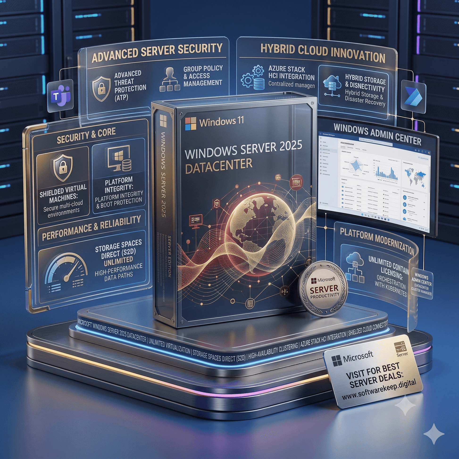 A promotional render of a Windows Server 2025 Datacenter software box centered on a glowing pedestal, surrounded by floating interface panels and cards highlighting features such as advanced server security, hybrid cloud innovation, and Windows Admin Center. Microsoft branding is visible on the box, seal, and card.
