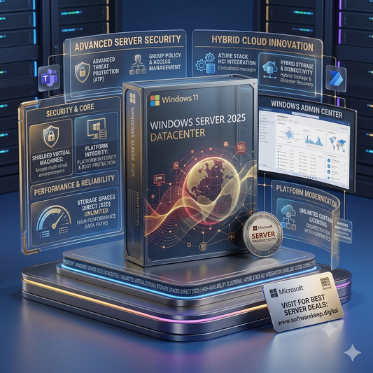A promotional render of a Windows Server 2025 Datacenter software box centered on a glowing pedestal, surrounded by floating interface panels and cards highlighting features such as advanced server security, hybrid cloud innovation, and Windows Admin Center. Microsoft branding is visible on the box, seal, and card.